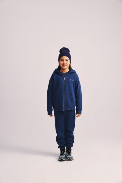 Şardonlu Fermuarlı Çocuk Eşofman Takımı-Denim