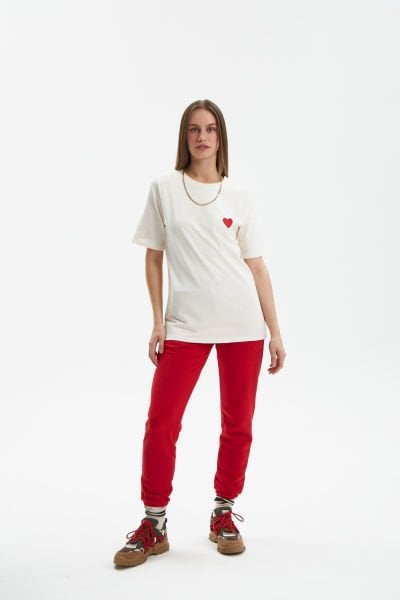 Nakışlı T-shirt-Ekru Kalp L