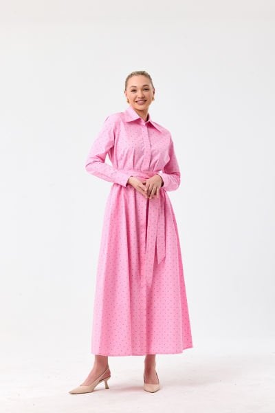 Poplin Elbise- Pembe Puantiyeli