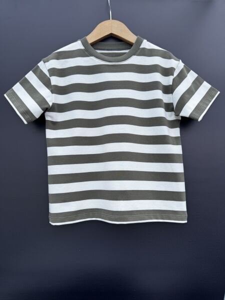 Çocuk Çizgili  T-shirt-Haki Beyaz