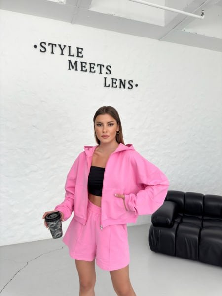 Kadın Fermuarlı Şortlu Takım-Şeker Pembe